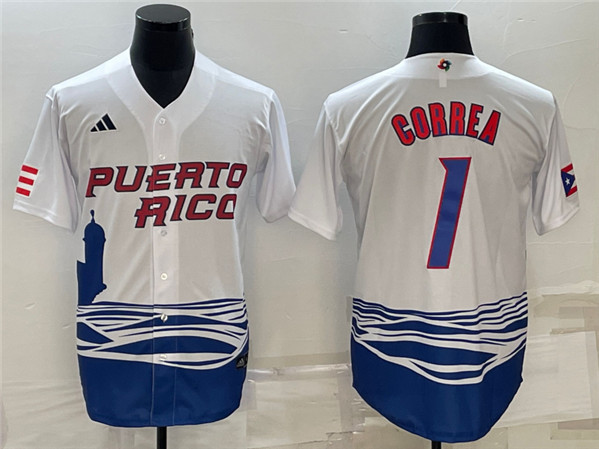 Men's Puerto Rico Baseball #1 Carlos Correa 2023 White World Baseball Classic Stitched Jersey